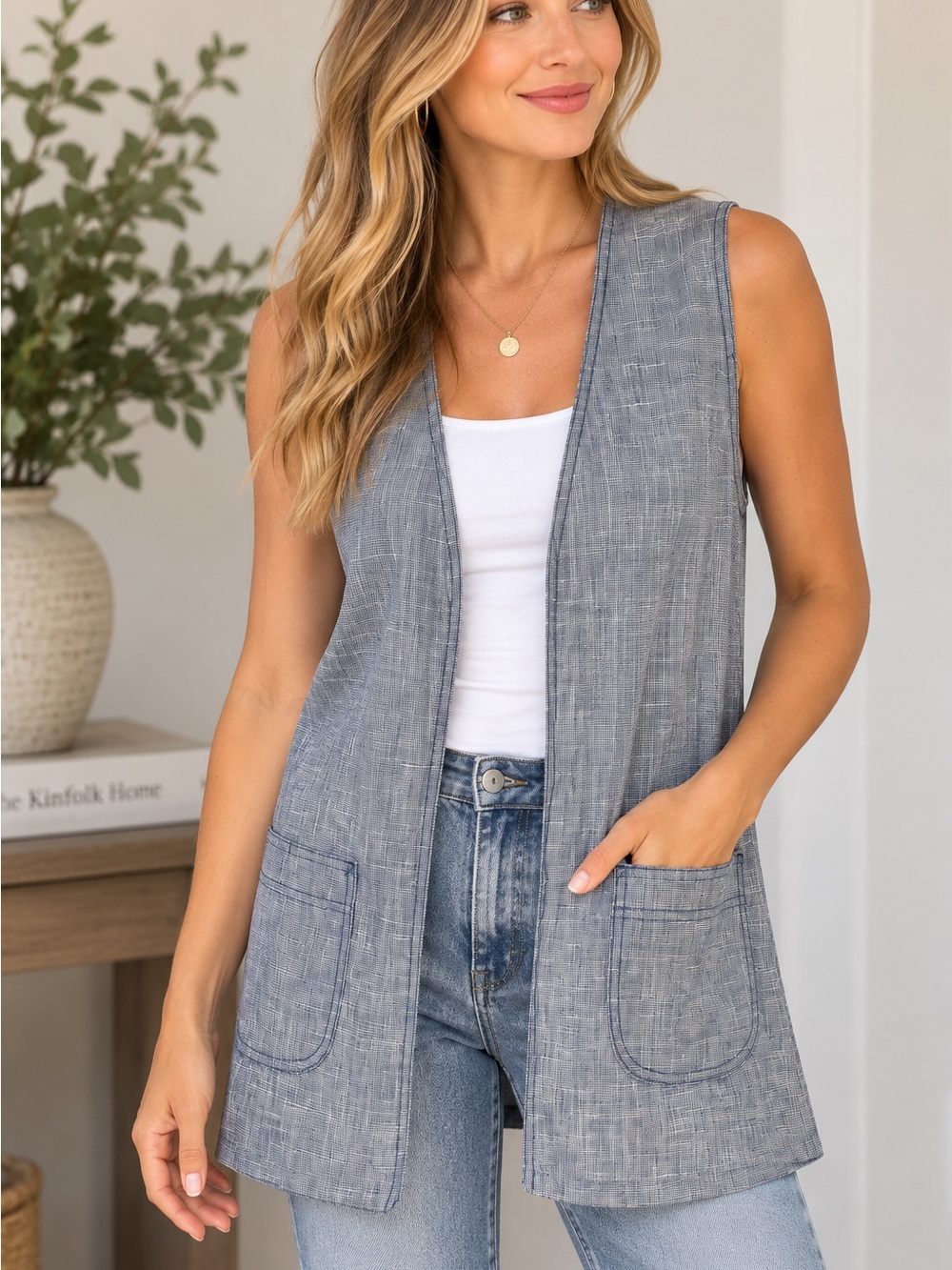 Vintage Junior House Women’s Gray Blue Plaid Linen Blend Vest Sleeveless Pockets